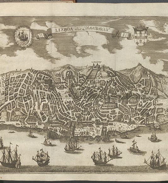 “Lisboa oder Lissabon”, aerial view of Lisbon, double-folding engraving in Gesammlete Nachrichten von dem Erdbeben der Stadt Lissabon, by J.H. Rühlen, and 5 other tracts, Tract 4, 1756 (Linda Hall Library)