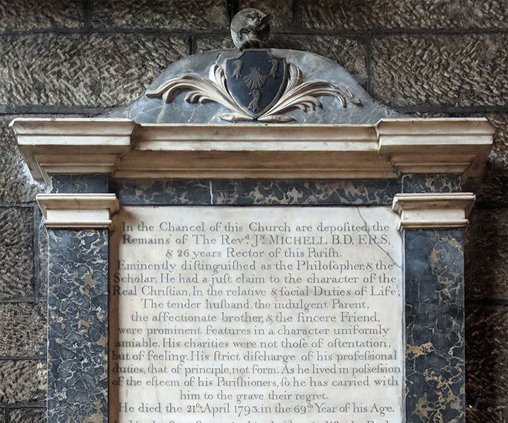 Detail of memorial plaque for John Michell in St. Michael’s and All Angels Parish Church, Thornhill, Yorkshire (queens.cam.ac.uk)