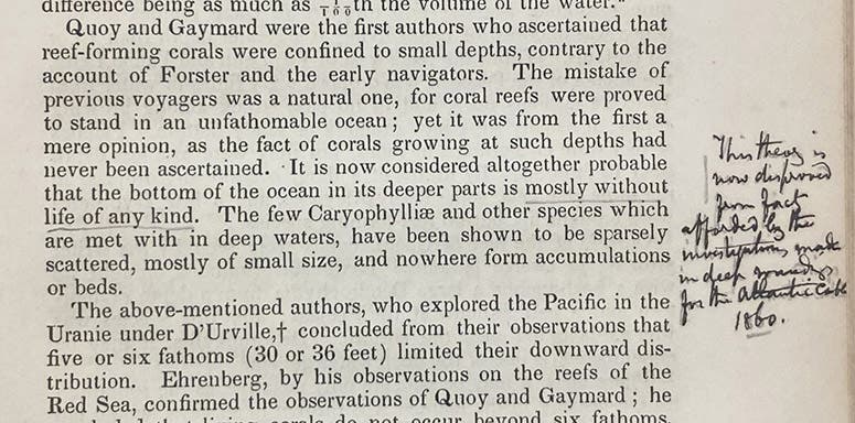 Annotated text on the subject of whether there is life in the deep ocean, On Coral Reefs and Islands, by James Dwight Dana, p. 63, 1853 (Linda Hall Library)