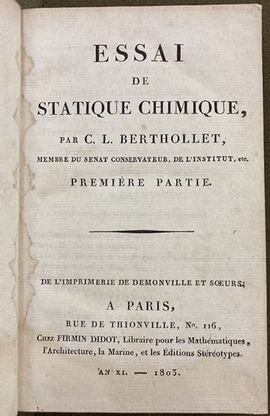 Title page of Essai de statique chimique, by Claude-Louis Berthollet, vol. 1, 1803 (Linda Hall Library)