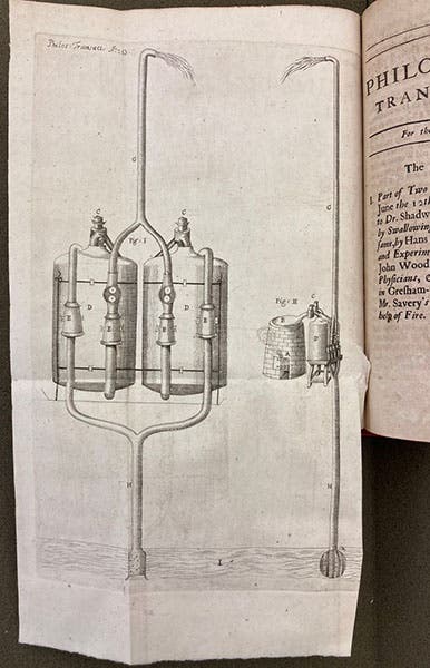 A model of Thomas Savery’s steam-powered water pump, demonstrated to the Royal Society of London, June 14, 1699, engraving in the Society’s Philosophical Transactions, 1699, vol. 21, no. 253 (Linda Hall Library)