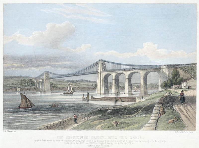 View of the Menai Suspension Bridge, opened on Jan. 30, 1826, tinted lithograph, 1840, National Library of Wales (Wikimedia commons)
