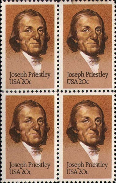 Joseph Priestley on U.S. postage stamp, block of four, 1983 (amazon.com)