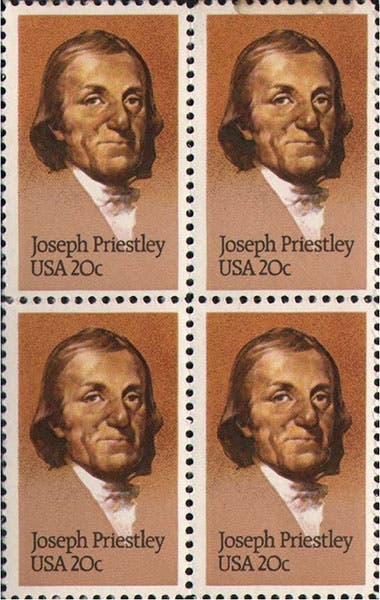 Joseph Priestley on U.S. postage stamp, block of four, 1983 (amazon.com)