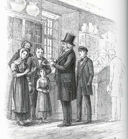 Christian Thomsen showing visitors around the Museum of Nordic Antiquties, woodcut print, 1846 (Wikimedia commons)