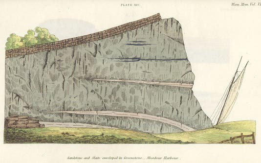Sandstone and slate enveloped in greenstone, Aberdour Harbour, hand-colored etching, Essay on the Geology of the Lothians, by Robert J. Hay Cunningham, 1838 (Linda Hall Library)