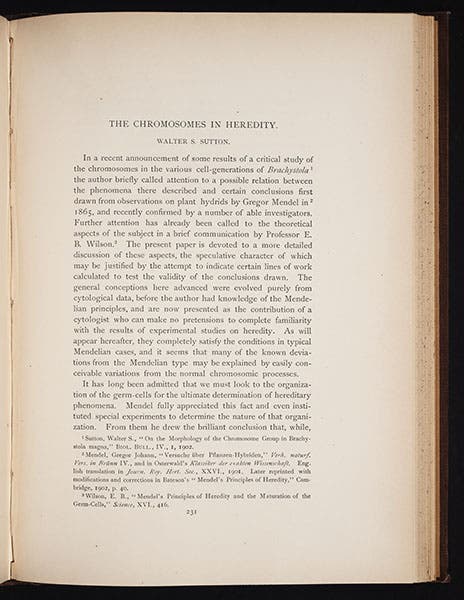 First page of “The chromosomes in heredity,” by Walter Sutton, Biological Bulletin, 1903 (Linda Hall Library)