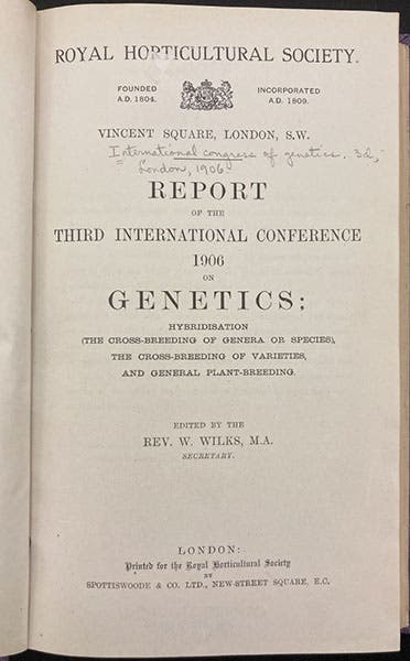 Title page, Report of the Third International Conference on Genetics, 1906; 1907 (Linda Hall Library)