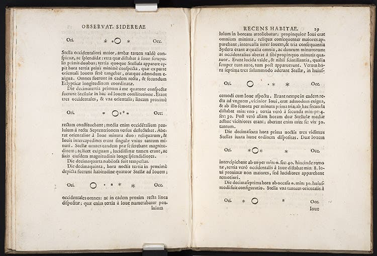 A page-opening showing the appearance of Jupiter’s satellites from Jan. 12 to Jan 17, Galileo Galilei, Sidereus nuncius, 1610, Venice ed.; compare to image 7 below, which shows the same page opening from the pirated Frankfurt edition of 1610 (Linda Hall Library)