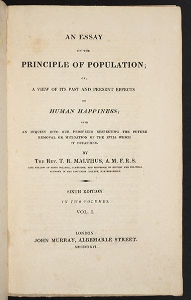 Title page of Thomas Malthus, An Essay on the Principle of Population, 6th ed., 1826 (Linda Hall Library)