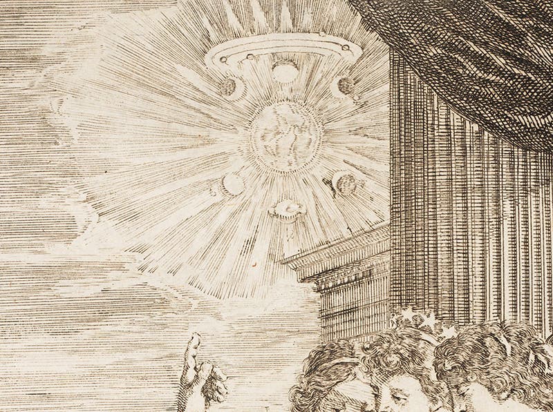 The Copernican heliocentric system (or is it the Medici crest?), detail of frontispiece to Galileo’s Opere (fourth image), top, 1656 (Linda Hall Library)