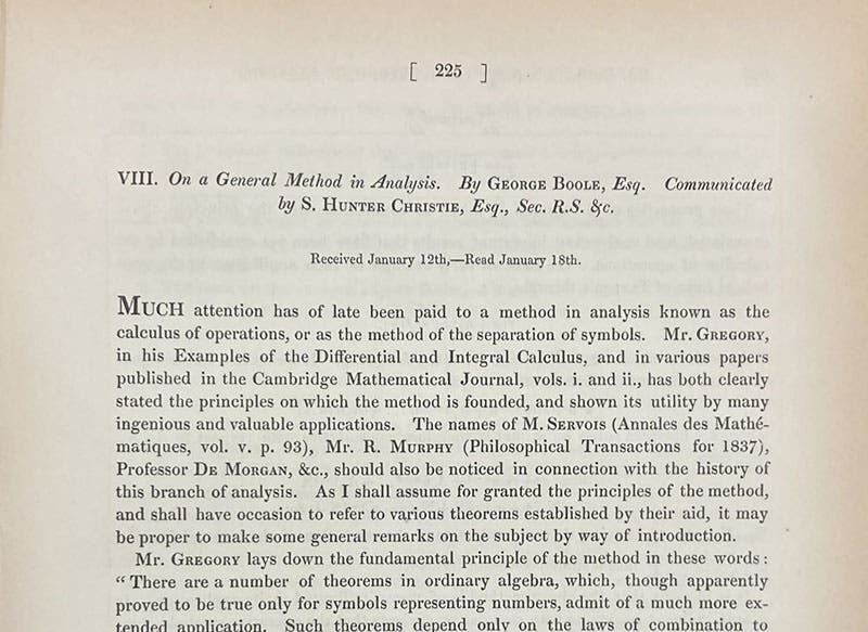 First page of “A general method in analysis,” by George Boole, Philosophical Transactions of the Royal Society of London, 1844, p. 225, for which Boole was awarded the Royal Medal of Queen Victoria (Linda Hall Library)