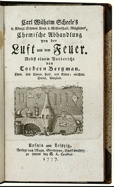 Title page of Chemische Anhandlung von der Luft und dem Feuer, by Carl Wilhelm Scheele, 1777, offered for sale by Martayan Lan Rare Books, New York City (martayanlan.com)