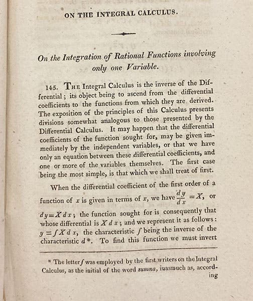 First page of Part II, Integral Calculus, showing Leibnizian notation at bottom, An Elementary Treatise on the Differential and Integral Calculus, by S.F. Lacroix, tr. by George Peacock et al., 1816 (Linda Hall Library)