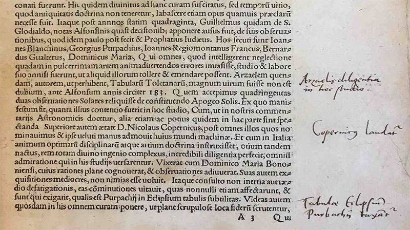 Text mentioning that Copernicus lived with Domenico Maria Novara in Bologna, detail of first page of introduction in George Joachim Rheticus, Ephemerides novae, 1550 (Austrian National Library, Vienna, photo by Karl Galle)