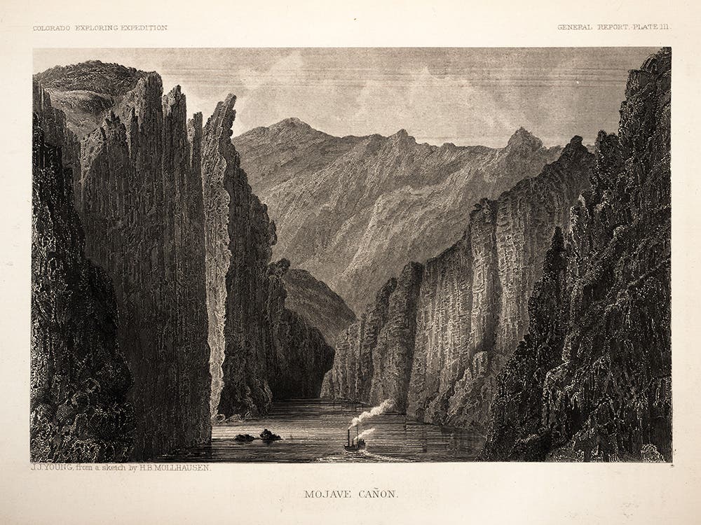 The Explorer in the Colorado River, reassembled after crossing Panama by rail. Illustration by J.J. Young from a sketch by H.B. Möllhausen. From J.C. Ives, Report upon the Colorado River of the West, Explored in 1857 and 1858. Washington, 1861.