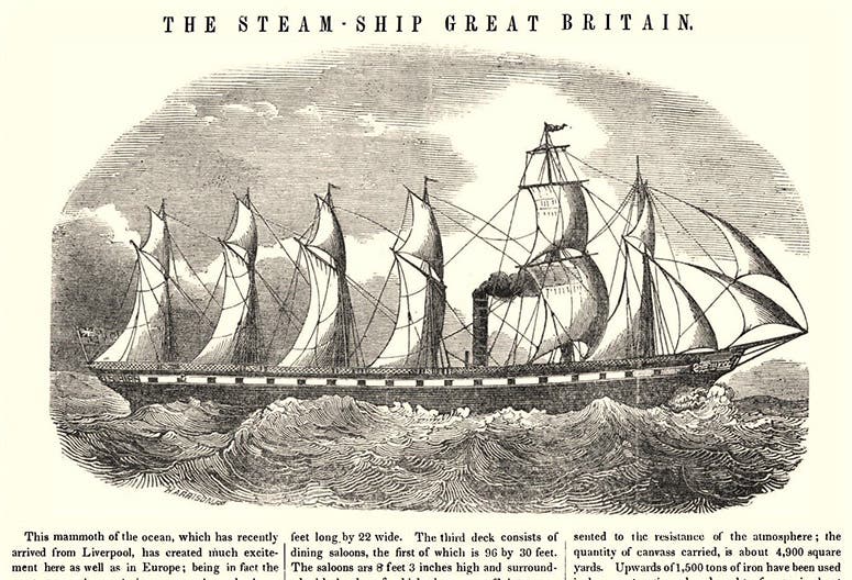The steamship Great Britain, wood engraving, Scientific American, volume 1, issue 1, page 2, Aug. 28, 1845 (Wikimedia commons)