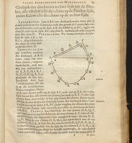 Diagram of the wreath of spheres, a thought experiment used to determine the effective weight of an object on an inclined plane, in De Beghinselen der Weeghconst, by Simon Stevin, 1586 (Linda Hall Library)