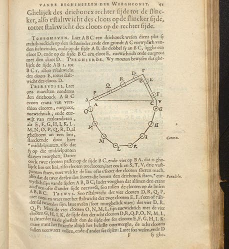 Diagram of the wreath of spheres, a thought experiment used to determine the effective weight of an object on an inclined plane, in De Beghinselen der Weeghconst, by Simon Stevin, 1586 (Linda Hall Library)