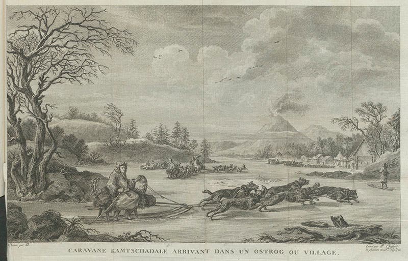 De Lesseps in a dogsled on Kamchatka peninsula, folding engraved plate, from Barthélemy de Lesseps, Journal historique du voyage, vol. 1, 1790 (Linda Hall Library)