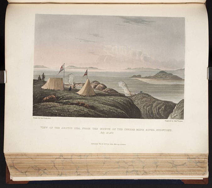 Midnight camp at the mouth of the Coppermine River, hand-colored engraving, from John Franklin, Narrative of a Journey to the Polar Sea, 1823 (Linda Hall Library)