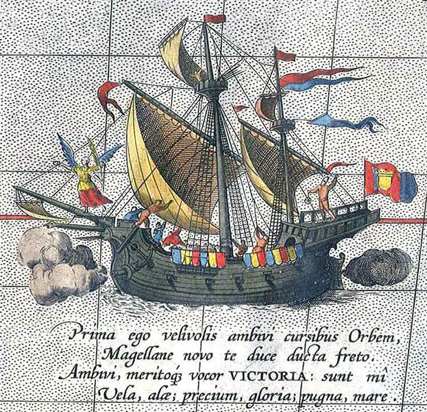 A reimagination of the ship Victoria, inset on in a map of the Pacific Ocean, Abraham Ortelius, Theatrum Orbis Terrarum, 1592 (Linda Hall Library)