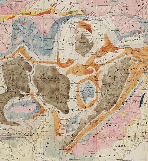 Detail of a geological map of the United States, hand-colored engraved frontispiece, Jules Marcou, <i>A Geological Map of the United States of America</i>, 1853 (Linda Hall Library)