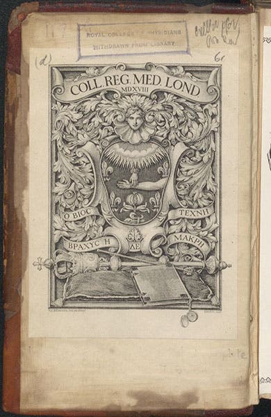 Bookplate of the Royal College of Physicians, London, in the Library’s copy of John Mayow, Opera omnia, medico-physica, tractatus quinque comprehensa, 1681 (Linda Hall Library)