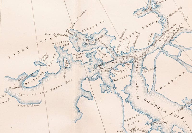The region around Griffiths Island (center) in Barrow Strait in the Arctic archipelago, where the Austin expedition wintered in 1850-51, and which was explored by 8 sledge parties in the spring of 1851, detail of hand-colored engraving in Stray Leaves from an Arctic Journal, by Sherard Osborn, 1852 (Linda Hall Library)