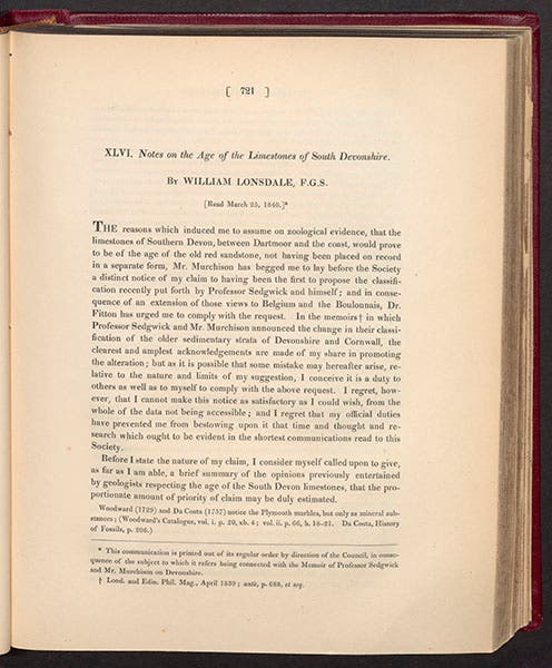 First page of William Lonsdale article, "Notes on the age of limestone of South Devonshire,” Transactions of the Geological Society of London, 1840 (Linda Hall Library)