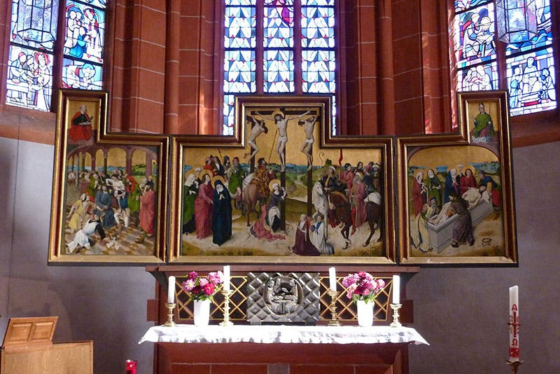 Altar of the chapel at St. Nikolaus-Hospital at Bernkastel-Kues, with an altar triptych, ca 1465, attributed to the Master of the Life of Mary, that is the source of the portrait in our first image (Wikimedia commons)