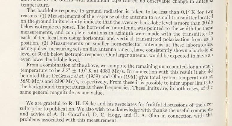 Detail of second page of Wilson and Penzias paper, where the 3.5 degree measurement is announced, and thanks is given to the Robert Dicke group at Princeton, Astrophysical Journal, vol. 142, 1965 (Linda Hall Library)