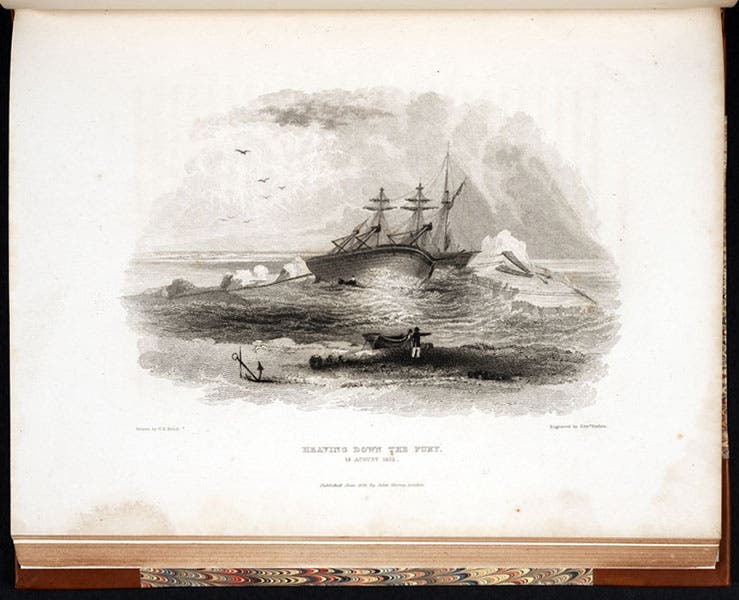 “Heaving down the Fury,” attempting to stop the leaking, Fury Beach, Somerset Island, Prince Regent Inlet, engraving in Journal of a Third Voyage for the Discovery of a Northwest Passage, by William Edward Parry, 1826 (Linda Hall Library)