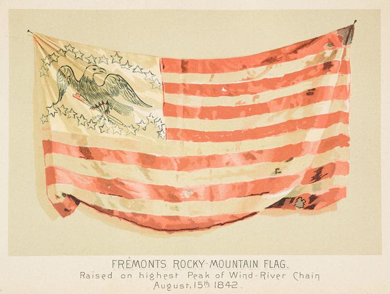 Hand-made American flag raised on Fremont Peak, Aug. 15, 1842, chromolithograph in Memoirs of My Life, by John Charles Fremont, 1887 (Linda Hall Library)
