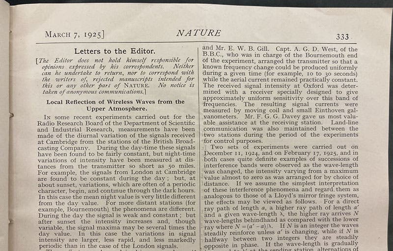 Beginning of letter to the editor by Edward Victor Appleton and Miles Barnett on the detection of a reflecting atmospheric layer (ionosphere) on Dec. 11, 1924, Nature, vol. 115, 1925 (Linda Hall Library)