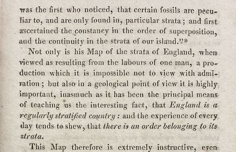 Detail of p. 5 of “Introduction,” praising William Smith’s principal of biostratigraphy, A Selection of Facts from the Best Authorities, Arranged so as to Form an Outline of the Geology of England and Wales, by William Phillips, 1818 (Linda Hall Library)