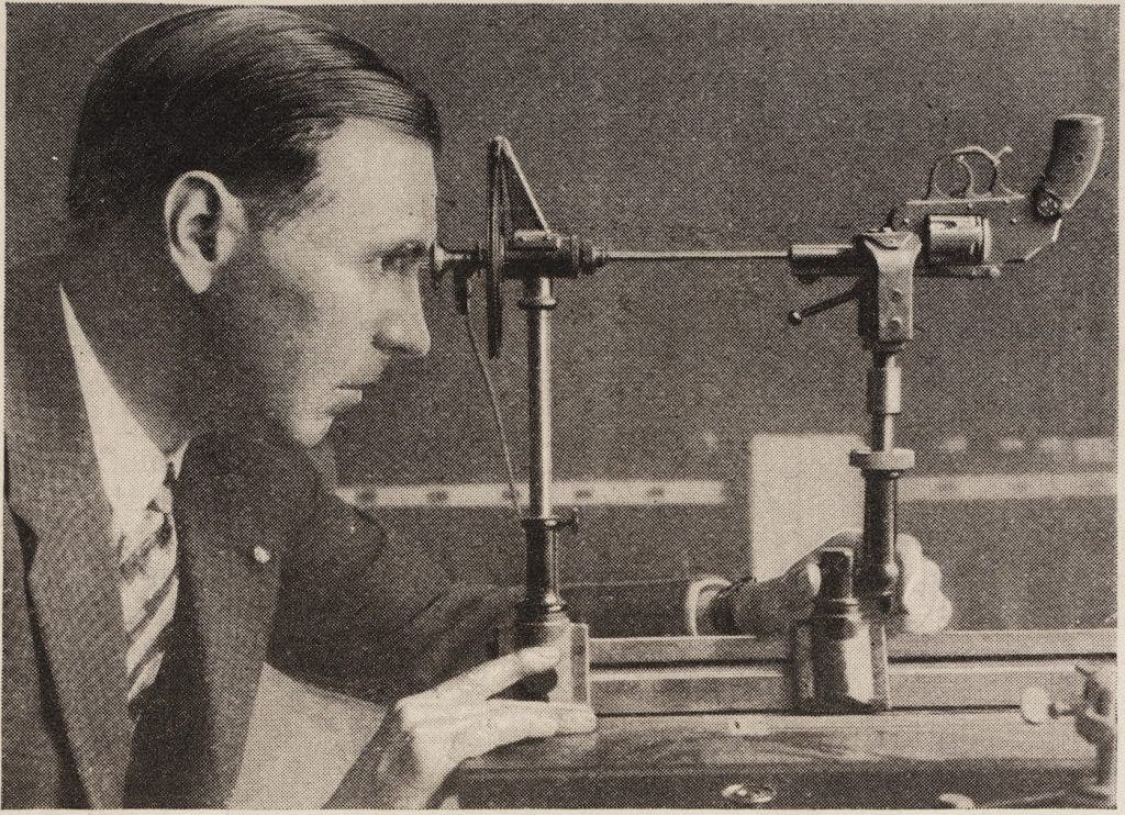 Calvin Goddard examines a revolver using a helixometer, an instrument he co-invented with colleague, John Fisher. The helixometer utilized a telescope that inserted into a gun barrel to determine whether the weapon had been fired recently, its rifling pattern, and the condition of the barrel. Image source: Goddard, Calvin H. “Who Did The Shooting?” Popular Science, vol. 111, no. 5, 1927, pp. 21-22, 171. View Source