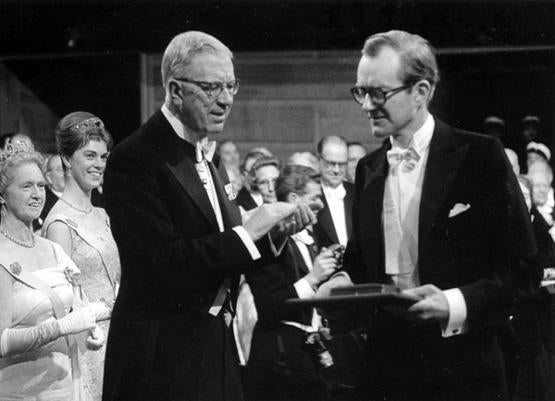 Maurice Wilkins receiving his Nobel Prize, photograph, 1962 (kingscollections.org)