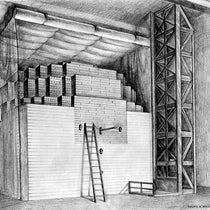 Chicago Pile 1 (CP-1) as it looked just before Dec. 2, 1942, when CP-1 began a self-sustained nuclear reaction, charcoal drawing by Melvin A. Miller, 1946, photo archive, University of Chicago (photoarchive.lib.uchicago.edu)