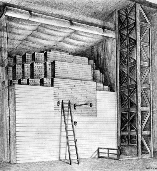 Chicago Pile 1 (CP-1) as it looked just before Dec. 2, 1942, when CP-1 began a self-sustained nuclear reaction, charcoal drawing by Melvin A. Miller, 1946, photo archive, University of Chicago (photoarchive.lib.uchicago.edu)