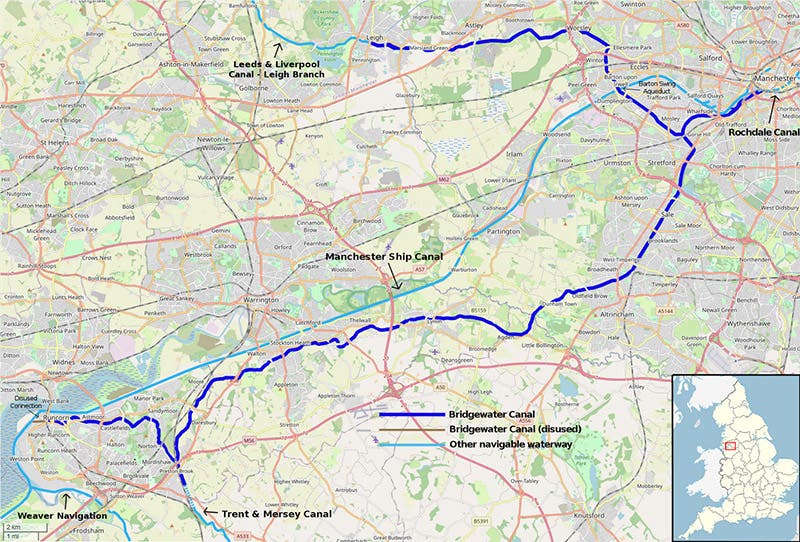 Modern map showing location of the original Bridgewater Canal at upper right, from Worsley, over the River Irwell via the Barton aqueduct, to Manchester (Wikimedia commons)