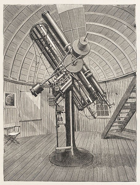 Henry Draper's 28-inch reflector, the lens for which was purchased by Henry and Anna on their honeymoon. It is mounted along with a 12-inch Clark refractor that was purchased soon after. Both of these instruments were donated to Harvard College Observatory by Mrs. Draper; from Washington Astronomical Observations, 1876 (Linda Hall Library)