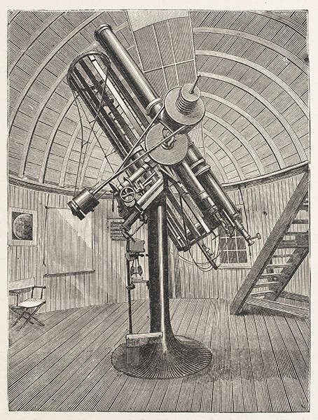 Henry Draper's 28-inch reflector, the lens for which was purchased by Henry and Anna on their honeymoon. It is mounted along with a 12-inch Clark refractor that was purchased soon after. Both of these instruments were donated to Harvard College Observatory by Mrs. Draper; from Washington Astronomical Observations, 1876 (Linda Hall Library)