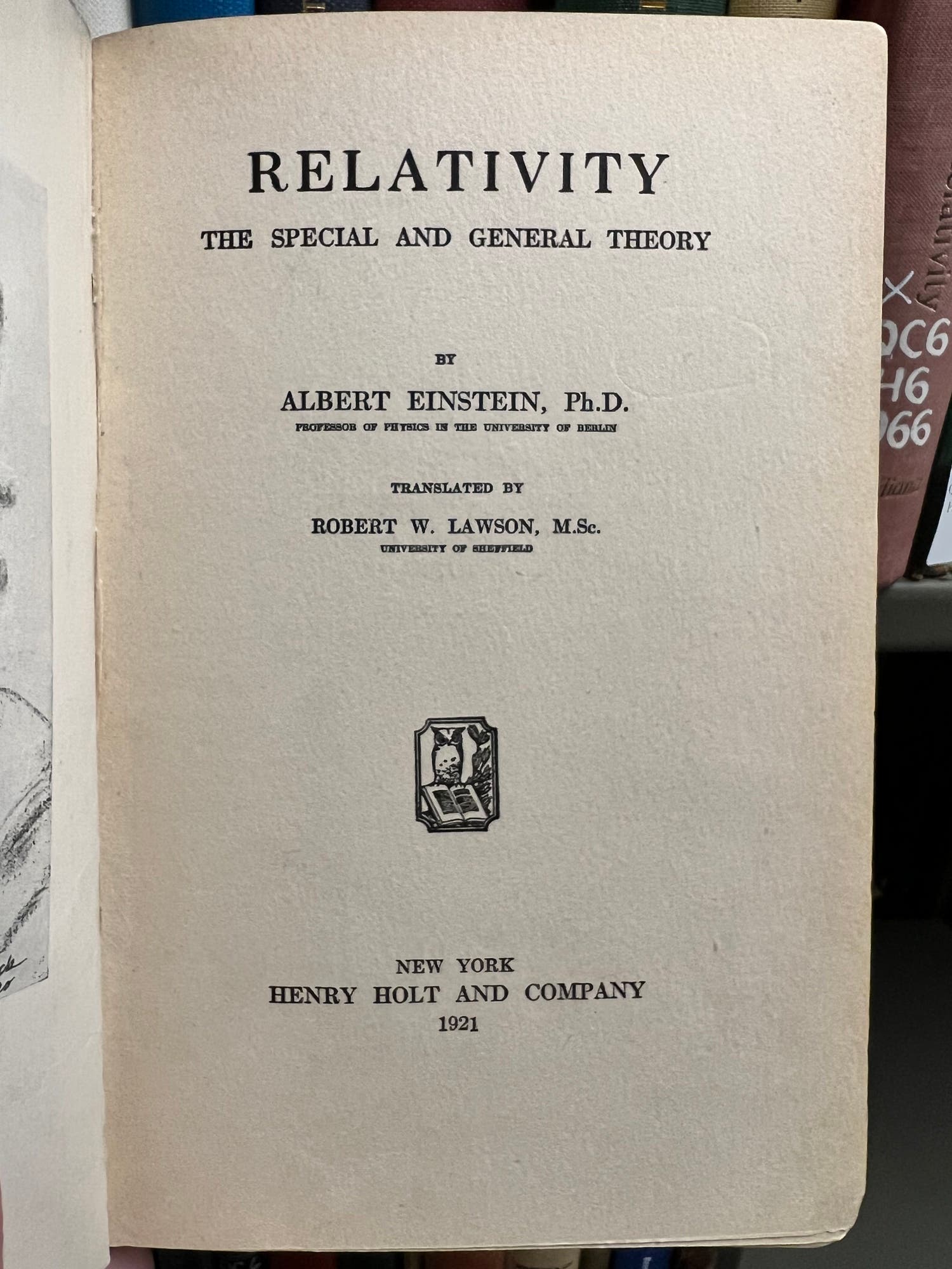 Albert Einstein, Relativity; The Special and General Theory, New York, 1921 (Linda Hall Library)