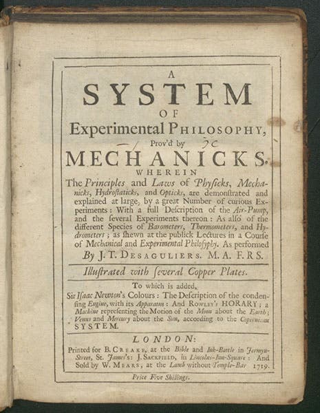 Original title page of unauthorized first printing, with the title A System of Experimental Philosophy, John T. Desaguliers, Lectures of Experimental Philosophy, 1719 (Linda Hall Library)