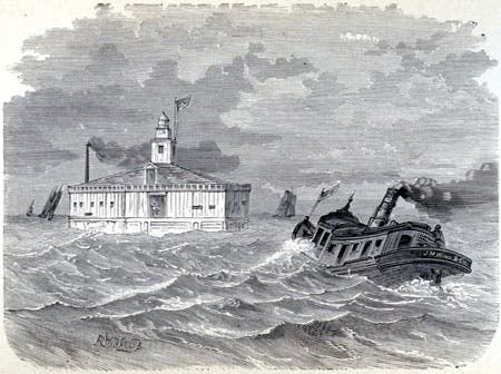 The Two-Mile Crib in Lake Michigan. Image source: The Tunnels and Water System of Chicago: Under the Lake and Under the River. Chicago: J.M. Wing & Co., 1874, p. 17.