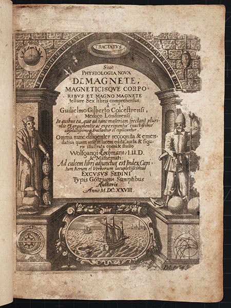 Emblematic device of ship and compass, engraved title page, William Gilbert, De magnete, 1628 (Linda Hall Library)