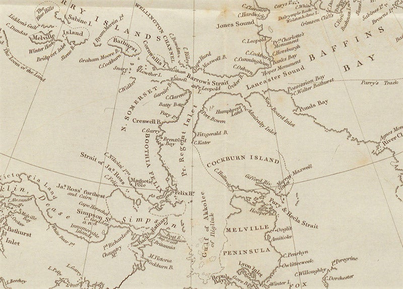 A part of the Arctic archipelago explored by ships of the Royal Navy sent out by John Barrow, 1818-1844; note Barrow Strait at the top, named by Edward Parry; detail of fourth image, Voyages of Discovery and Research within the Arctic Regions, ed. by John Barrow, 1846 (Linda Hall Library)