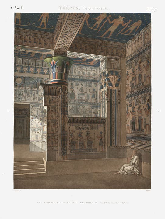 Interior of the temple of Hathor at Thebes, hand-colored engraving after drawing by Jean-Baptiste Lepère, Description de l’Égypte, Antiquités, vol. 2, 1809 (Linda Hall Library)