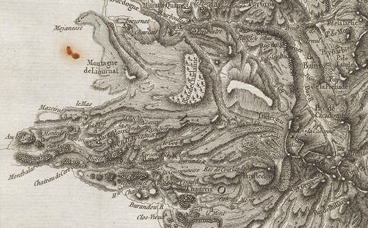 Detail of Nicholas Desmarest’s geological map of the Auvergne region of France, with the Tour d’Auvergne at left.  The tiny hexagons indicate columnar basalt. <i>Memoires de l’académie royale des sciences pour 1771</i> (Linda Hall Library)